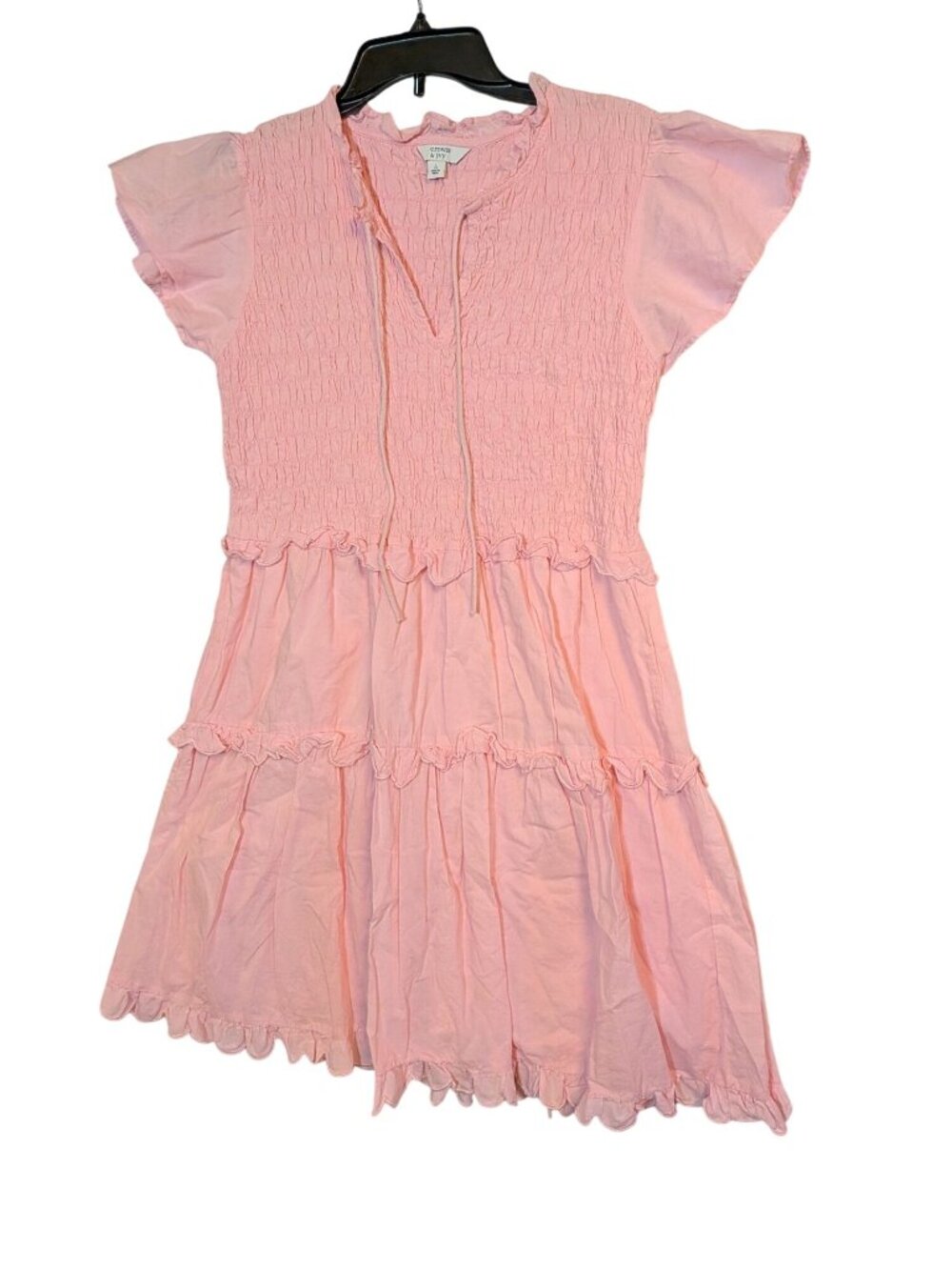 Crown & Ivy Pink Smocked Cotton Dress With Ruffle Hem & Flutter Sleeves Size L